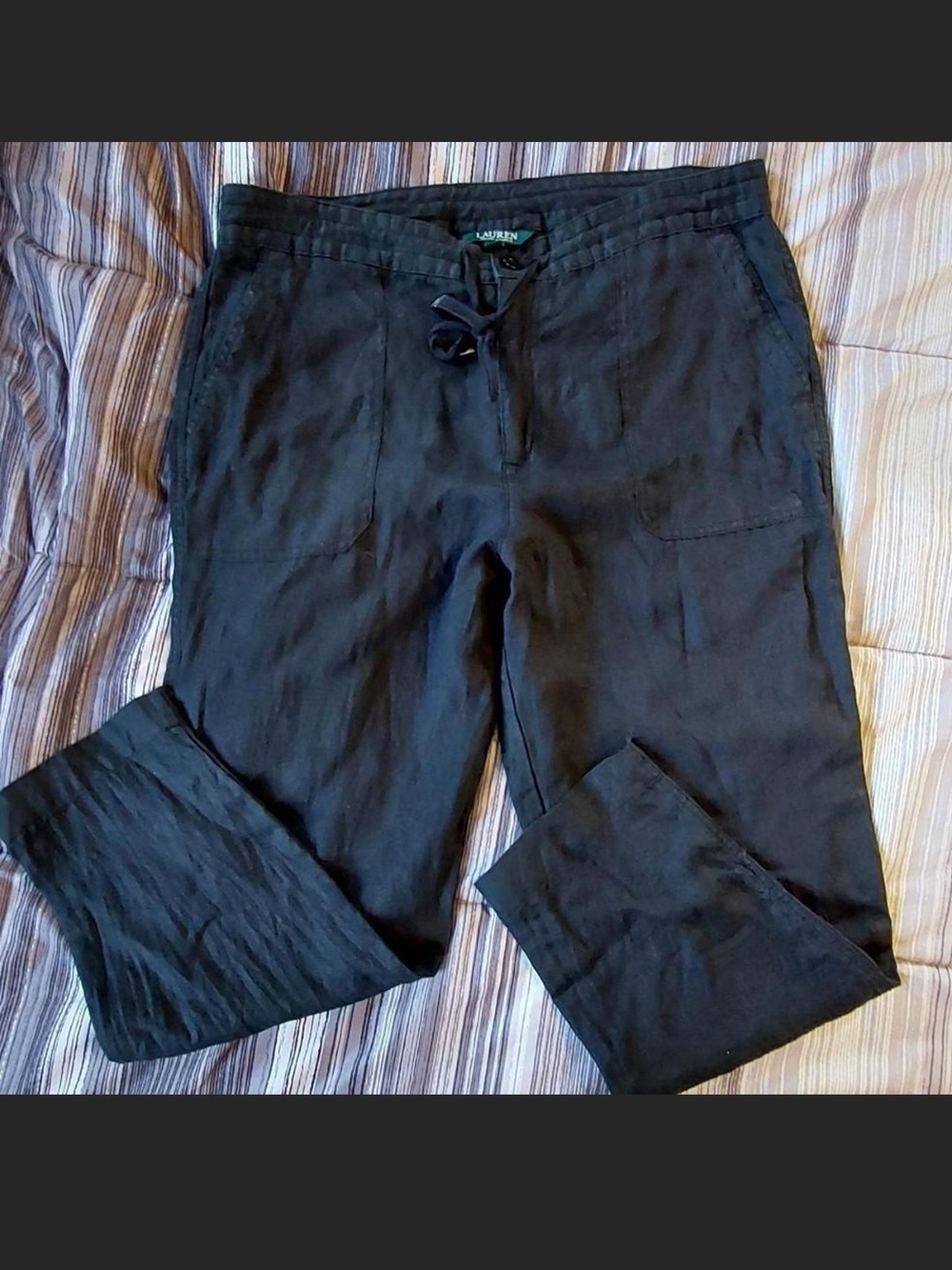 Lauren Ralph Lauren Black Linen Wide-Leg Drawstring Pants Size 14 Like New